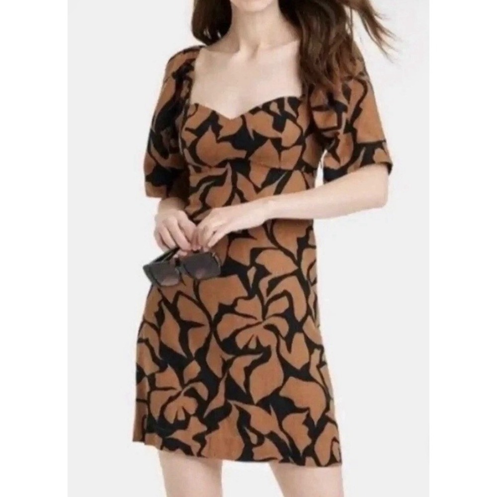Linen Blend Floral Mini Dress Sz M Abstract Balloon Sleeve Smocked Black Brown
